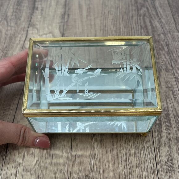 Other - Vintage Glass Jewelry Box Gold Trim Etched Birds Bamboo Trinket Mirror‎ Storage